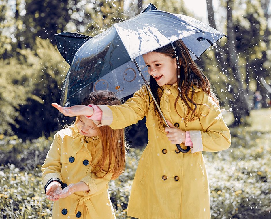 Children in raincoats.