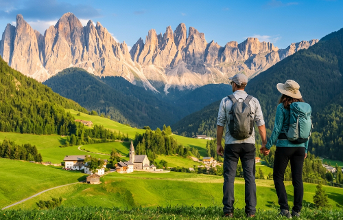 A couple of hikers with backpacks enjoying the view in front of the Odle, among the meadows of Val di Funes.