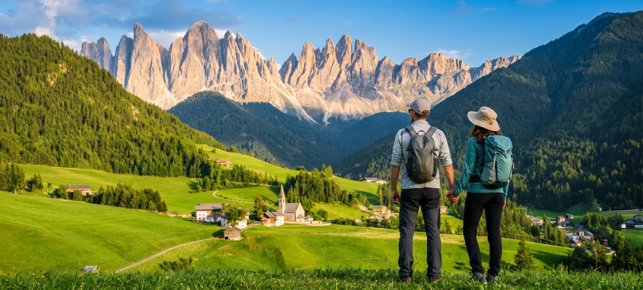 Coppia di escursionisti con zaini panoramici davanti alle Odle, tra i prati della Val di Funes.