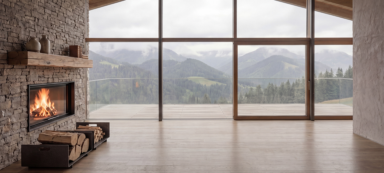 Soggiorno moderno con camino acceso e vista panoramica sulle montagne attraverso grandi vetrate