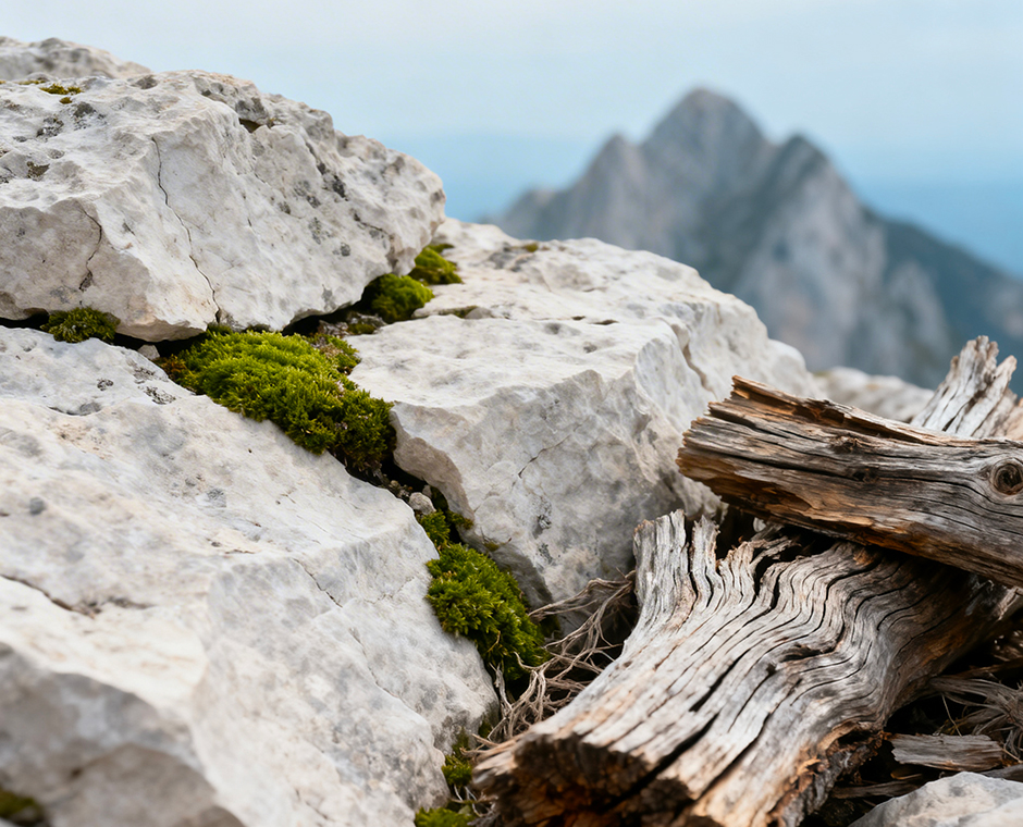 Detail of natural stone and wood in alpine landscape with mountain peaks in the background