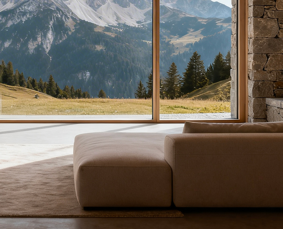 Alpine design interior with large panoramic window overlooking the mountains