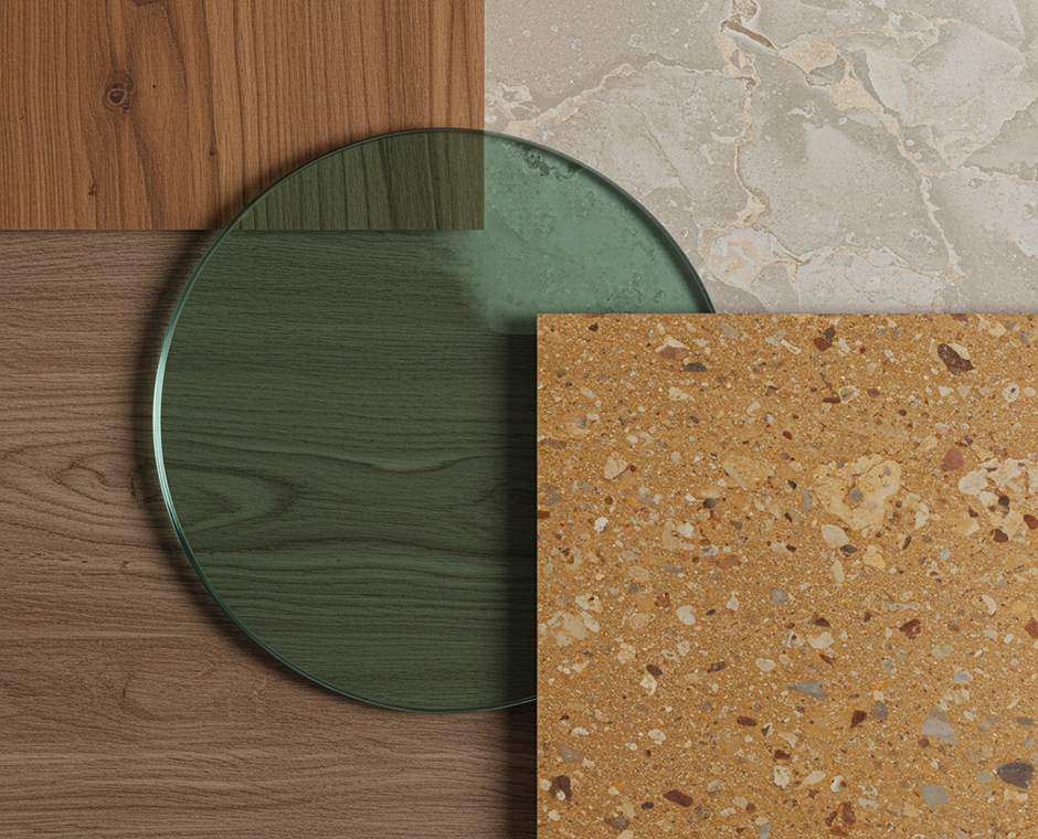Composition of natural materials with wood glass and stone