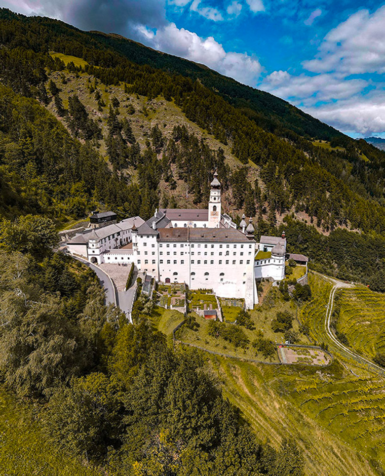 Aerial view of Marienberg Abbey in Val Venosta