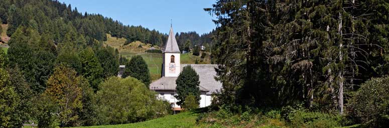 Vista tra gli alberi della chiesa del comune di Senale in Val d'Ultimo