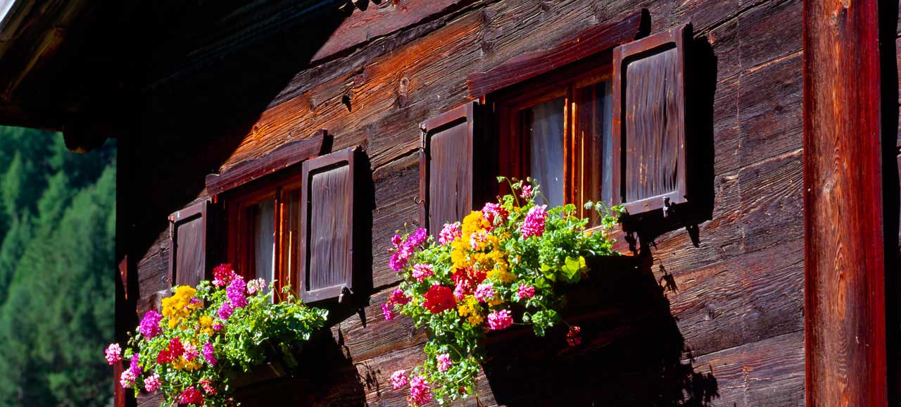 Aussicht eines Bergchalets mit Geranien