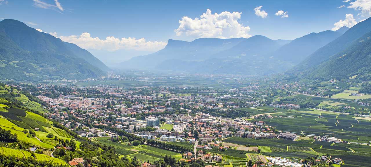 Meran und Umgebung eingebettet in Weinreb-Anlagen von oben gesehen