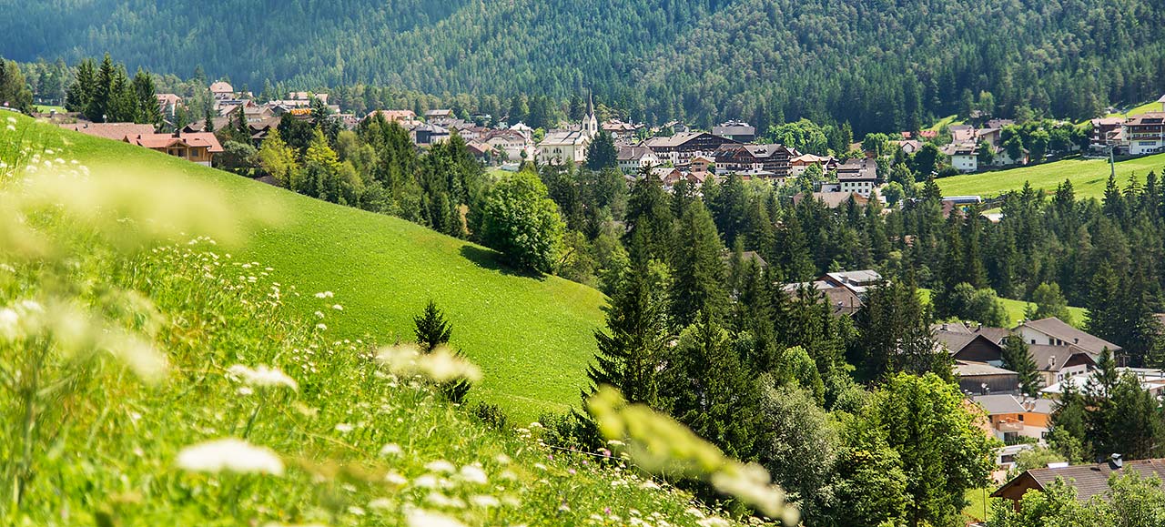 Grüne Wiesenlandschaft mit dem Ort St. Vigil in Enneberg im Hintergrund