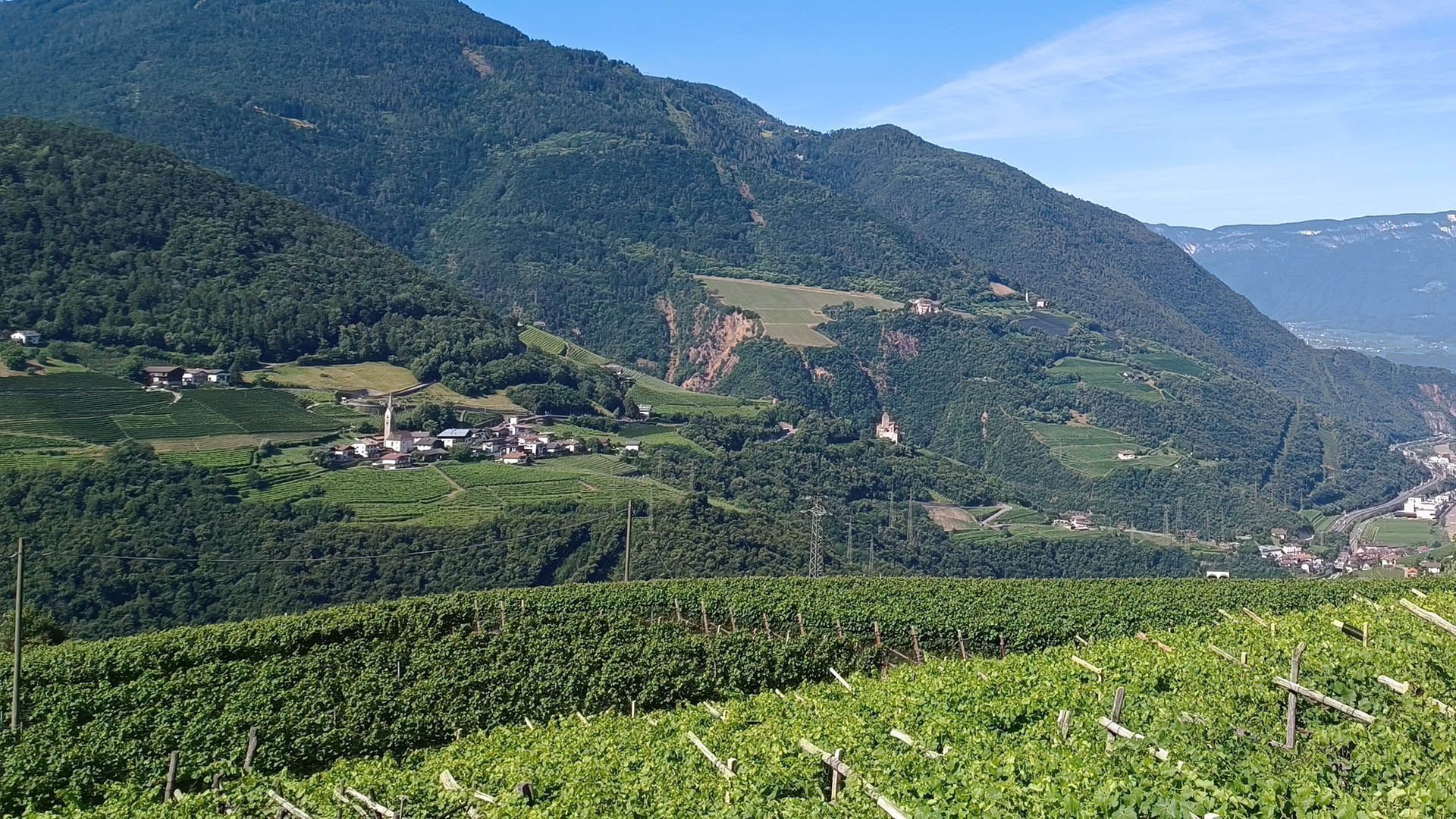 View of Cornedo all'Isarco among vineyards and woods, with a small church and mountains in the background