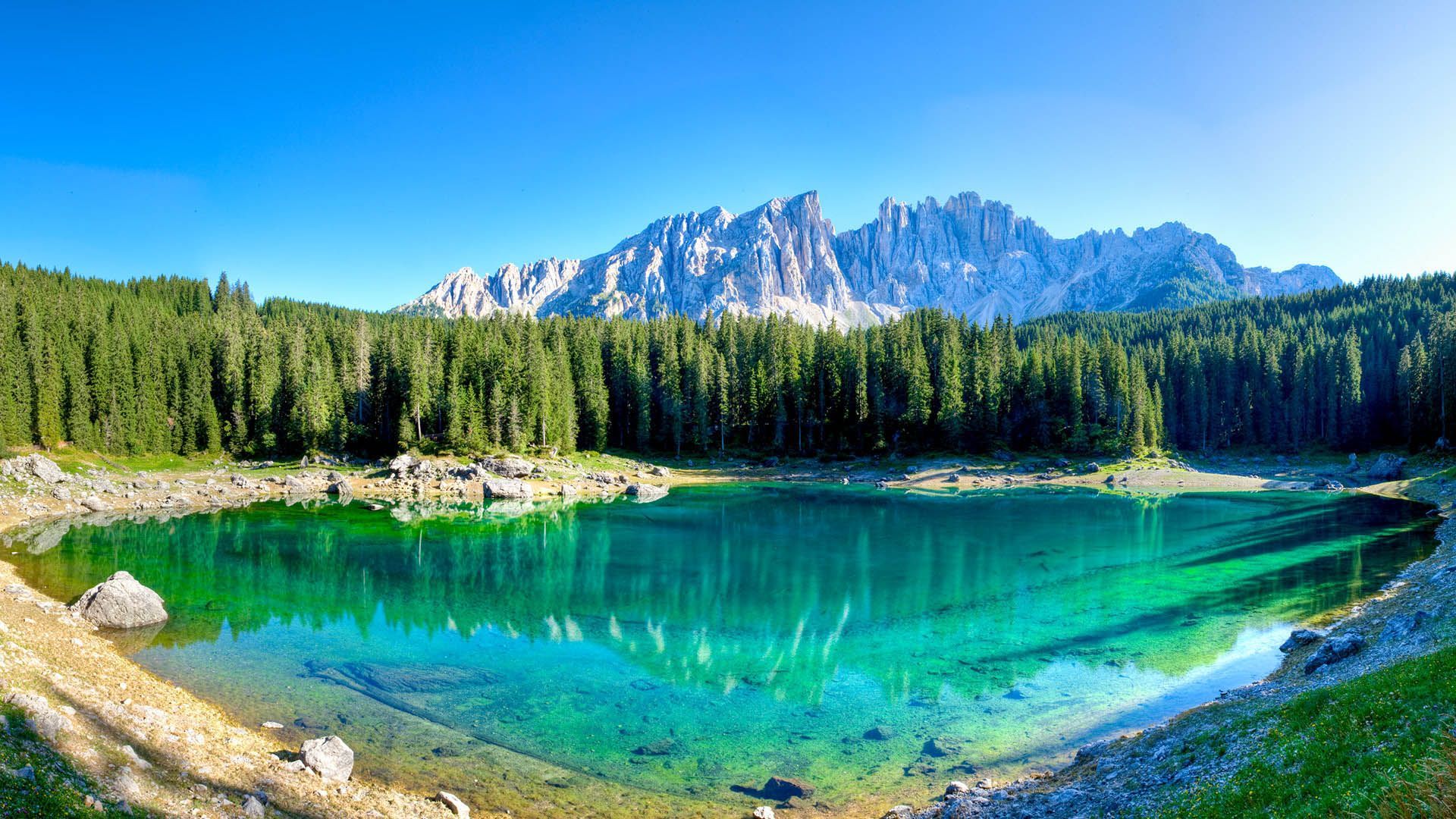 Lake Carezza with turquoise water and views of the Latemar mountains, surrounded by forests and the Dolomites