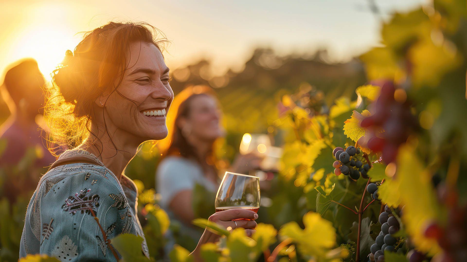 Happy woman with a glass of wine among the vines at sunset