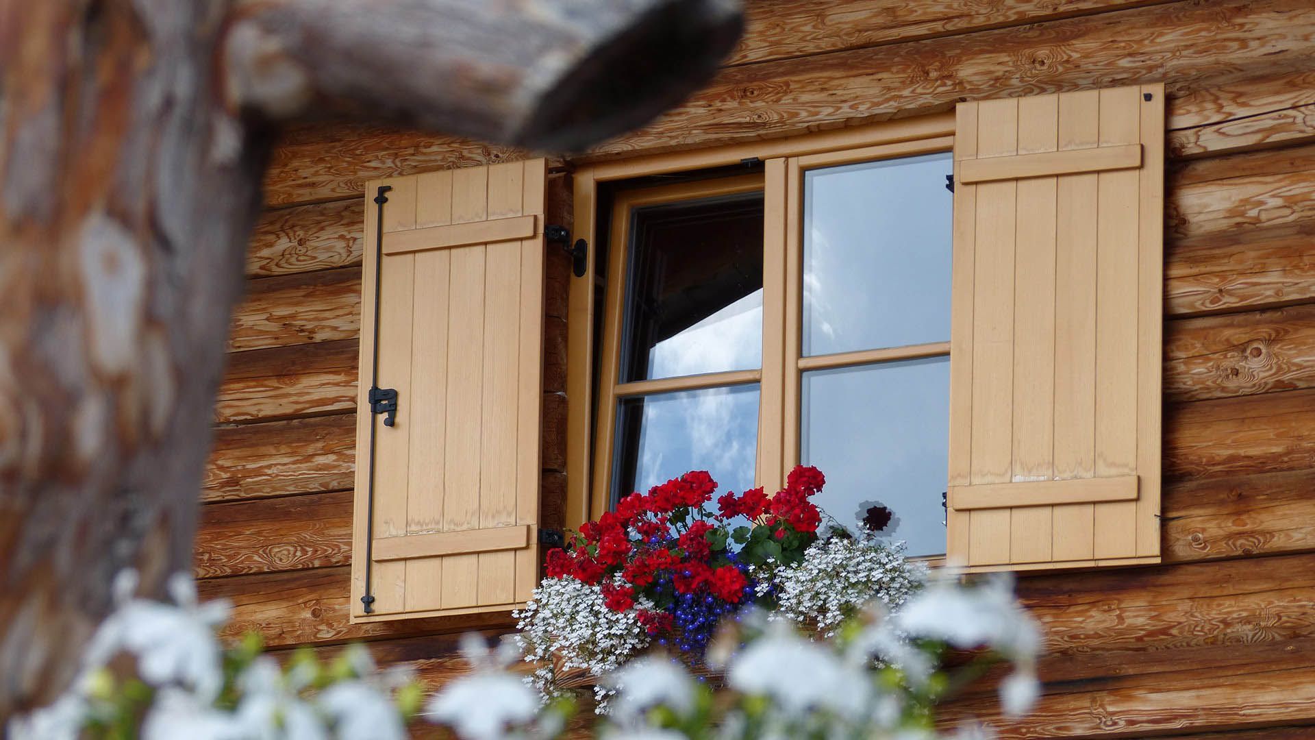 Wooden window in an alpine chalet with shutters and colourful flowers on the windowsill
