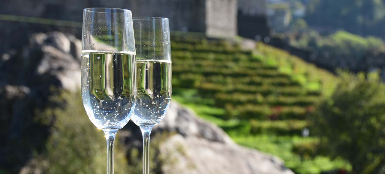 Due calici di vino bianco dell’Alto Adige con vigneti come sfondo