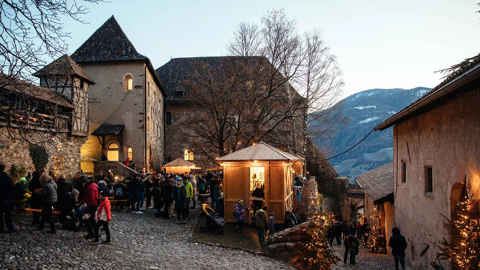 Schloss Tirol mit seinem massiven Turm über dem Etschtal, umgeben von Bäumen